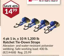 Princess Auto 4 pk 1 in. x 10 ft1,200 lb Ratchet Tie-Down Straps offer