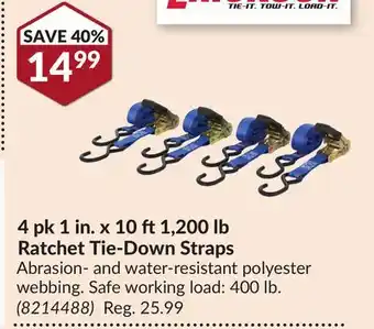 Princess Auto 4 pk 1 in. x 10 ft1,200 lb Ratchet Tie-Down Straps offer