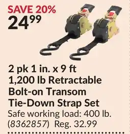 Princess Auto 2 pk 1 in. x 9 1,200 lb Retractable Bolt-on Transom Tie-Down Strap Set offer