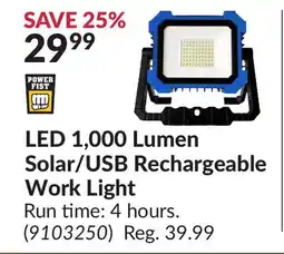 Princess Auto LED 1,000 Lumen Solar/USB Rechargeable Work Light offer