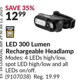 Princess Auto LED 300 Lumen Rechargeable Headlamp offer