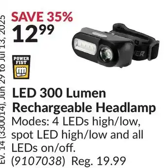 Princess Auto LED 300 Lumen Rechargeable Headlamp offer