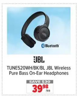 2001 Audio Video TUNE520WH/BK/BL JBL Wireless Pure Bass On-Ear Headphones offer