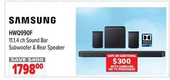 2001 Audio Video HWQ990F SAMSUNG 11.1. 4 ch Sound Bar Subwoofer & Rear Speaker offer