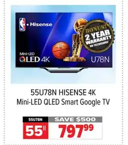 2001 Audio Video HISENSE 55U78N55 4K Mini-LED QLED Smart Google TV offer