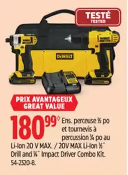Canadian Tire DEWALT 20V MAX Li-Ion 1⁄2˝ Drill and 1⁄4˝ Impact Driver Combo Kit offer