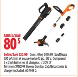 Canadian Tire WORX 20V 12 Trimmer/270CFM Blower Combo. 2x2Ah batteries & charger included offer