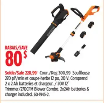 Canadian Tire WORX 20V 12 Trimmer/270CFM Blower Combo. 2x2Ah batteries & charger included offer