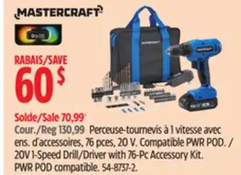 Canadian Tire Mastercraft 20V 1-Speed Drill/Driver with 76-Pc Accessory Kit offer