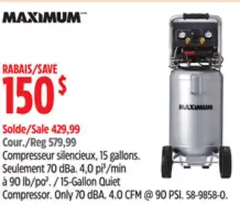 Canadian Tire 15-Gallon Quiet Compressor. Only 70 dBA. 4.0 CFM @ 90 PSI offer