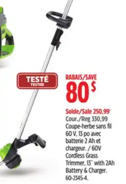 Canadian Tire Greenworks 60V Cordless Grass Trimmer, 13 with 2Ah Battery & Charger offer