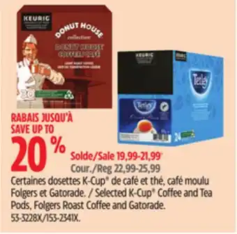 Canadian Tire Selected K-Cup Coffee and Tea Pods, Folgers Roast Coffee and Gatorade offer