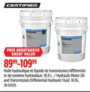 Canadian Tire Certified Motor Oil and Transmission/Differential Hydraulic Fluid offer