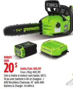 Canadian Tire Greenworks 60V Brushless Chainsaw, 14 with 4Ah Battery & Charger offer
