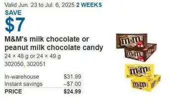 Costco M&M's milk chocolate or peanut milk chocolate candy offer