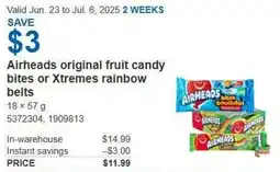 Costco Airheads original fruit candy bites or Xtremes rainbow belts offer