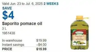 Costco Saporito pomace oil offer