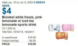 Costco Biosteel white freeze, pink lemonade or iced tea lemonade sports drink offer