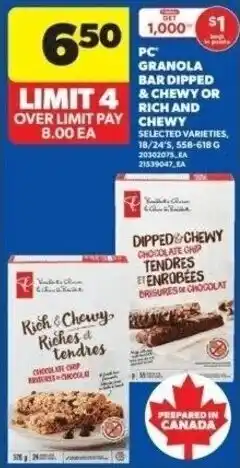 Real Canadian Superstore PC granola bar dipped & chewy or rich and chewy offer