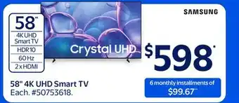 Walmart SAMSUNG 58 4K UHD Smart TV offer