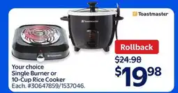 Walmart Your choice Single Burner or 10-Cup Rice Cooker offer