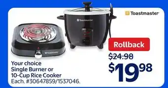 Walmart Your choice Single Burner or 10-Cup Rice Cooker offer