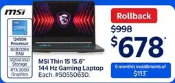 Walmart MSi Thin 15 15.6 144 Hz Gaming Laptop offer