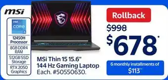 Walmart MSi Thin 15 15.6 144 Hz Gaming Laptop offer