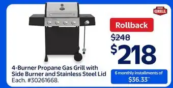 Walmart 4-Burner Propane Gas Grill with Side Burner and Stainless Steel Lid offer