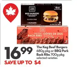 Longo's The Keg Beef Burgers 680g pkg or BBQ Pork Back Ribs 700g pkg offer