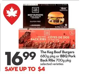Longo's The Keg Beef Burgers 680g pkg or BBQ Pork Back Ribs 700g pkg offer