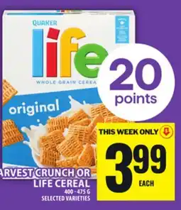 Food Basics QUAKER HARVEST CRUNCH OR LIFE CEREAL offer