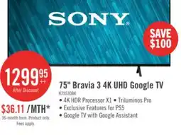 The Brick Sony 75 Bravia 3 LED 4K HDR10 Dolby Vision Motionflow XR 60Hz Google Smart TV (K75S30) offer