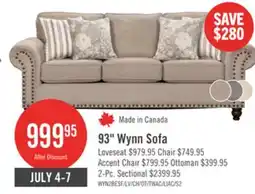The Brick Made in Canada Wynn 93 Chenille Fabric Sofa with Nailhead Trim and Wood Bun Legs - Taupe offer