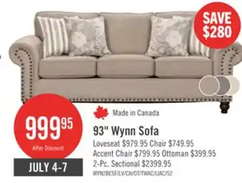 The Brick Made in Canada Wynn 93 Chenille Fabric Sofa with Nailhead Trim and Wood Bun Legs - Taupe offer