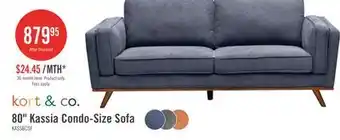 The Brick Kort & Co. Kassia 80 Linen-Look Fabric Condo Size Sofa with Wood Base and Legs - Blue offer