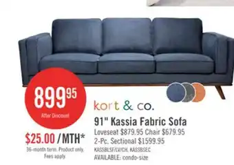 The Brick Kort & Co. Kassia 90.6 Linen-Look Fabric Sofa with Wood Base and Legs - Blue offer