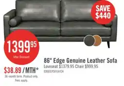 The Brick Edge 86 Genuine Leather Sofa with Wood Legs and Removable Back Cushions - Grey offer