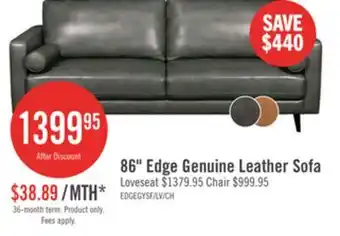 The Brick Edge 86 Genuine Leather Sofa with Wood Legs and Removable Back Cushions - Grey offer