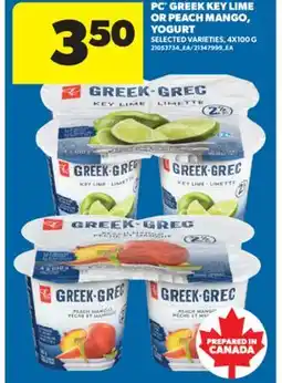 Real Canadian Superstore PC GREEK KEY LIME OR PEACH MANGO, YOGURT, 4X100 G offer