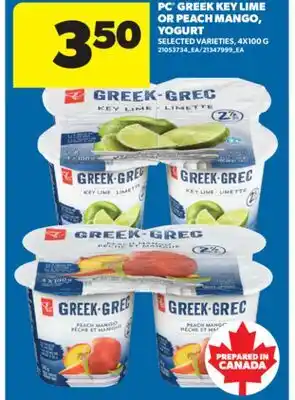 Real Canadian Superstore PC GREEK KEY LIME OR PEACH MANGO, YOGURT, 4X100 G offer