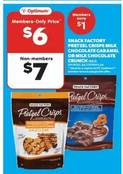 Real Canadian Superstore SNACK FACTORY PRETZEL CRISPS MILK CHOCOLATE CARAMEL OR MILK CHOCOLATE CRUNCH, 155 G offer