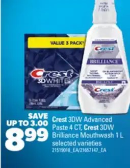 Real Canadian Superstore Crest 3DW Advanced Paste 4 CT, Crest 3DW Brilliance Mouthwash 1 L offer