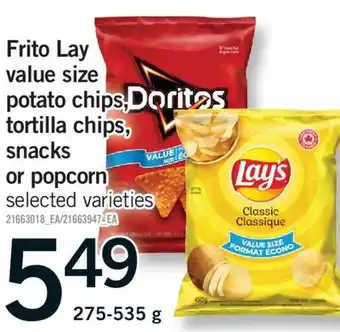 Fortinos FRITO LAY VALUE SIZE POTATO CHIPS, TORTILLA CHIPS, SNACKS OR POPCORN, 275-535 g offer