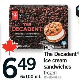 Fortinos PC THE DECADENT ICE CREAM SANDWICHES, 6X100 ML offer