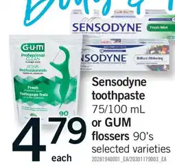 Fortinos SENSODYNE TOOTHPASTE, 75/100 ML OR GUM FLOSSERS, 90'S offer