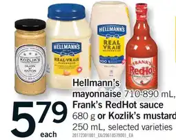 Fortinos HELLMANN'S MAYONNAISE, 710-890 ML, FRANK'S REDHOT SAUCE, 680 G OR KOZLIK'S MUSTARD, 250 ML offer