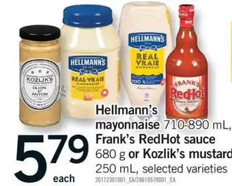 Fortinos HELLMANN'S MAYONNAISE, 710-890 ML, FRANK'S REDHOT SAUCE, 680 G OR KOZLIK'S MUSTARD, 250 ML offer