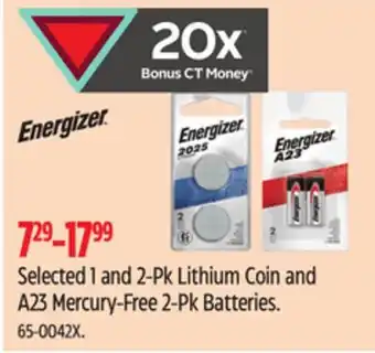 Canadian Tire Energizer Selected 1 and 2-Pk Lithium Coin and A23 Mercury-Free 2-Pk Batteries offer