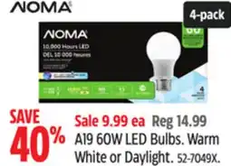 Canadian Tire NOMA A19 60W LED Bulbs Warm White or Daylight offer